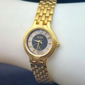 Bill Blass Womens 293-3132 Gold-Tone Quartz Watch With Black Dial & Diamond Acce
